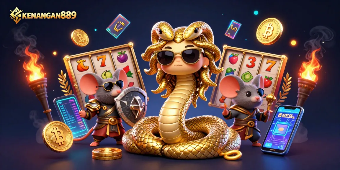 KENANGAN889 unleashes fun with a cute Medusa and warrior mouse amid dynamic casino elements.