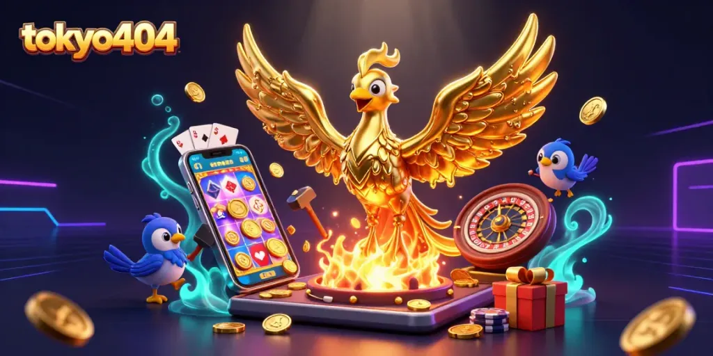 Spin the reels with tokyo404 as a golden phoenix emerges amidst a vibrant casino scene.
