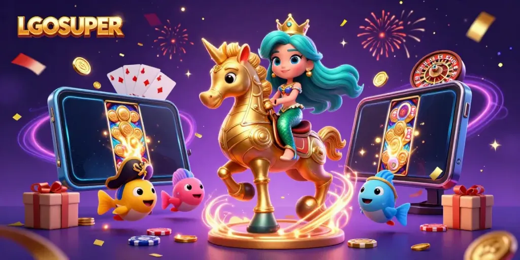 Experience LGOSUPER’s vibrant gaming world with a mermaid princess, giant seahorse, and colorful casino elements.