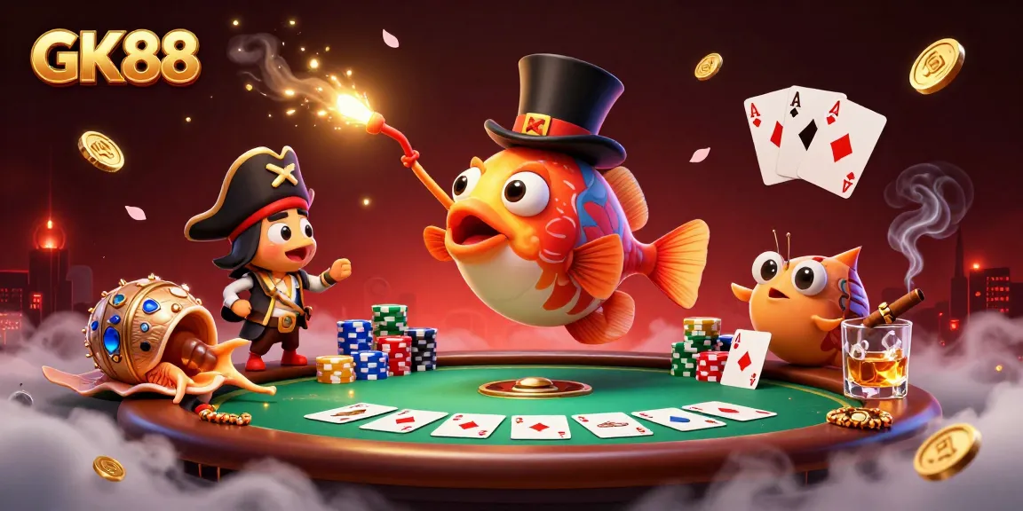 GK88 anglerfish lures in coins with poker scene, showcasing vibrant casino elements.