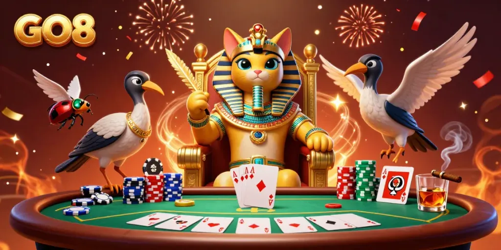 Experience the thrill of GO8 with vibrant poker action featuring an Egyptian pharaoh cat, poker chips, and colorful confetti.