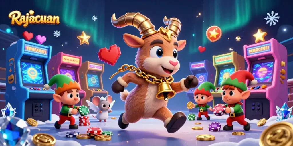 Rajacuan engaging players with festive Krampus in a vibrant casino scene full of action and excitement.