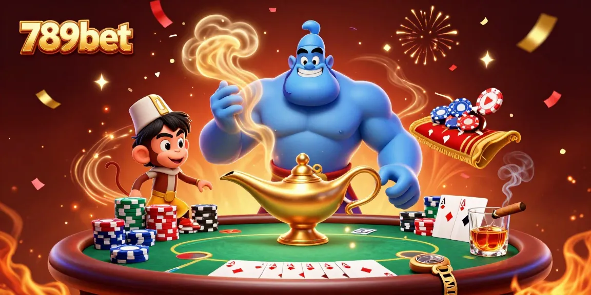 Engage in thrilling gameplay with 789bet's captivating poker scene featuring a vibrant genie and exciting game elements.