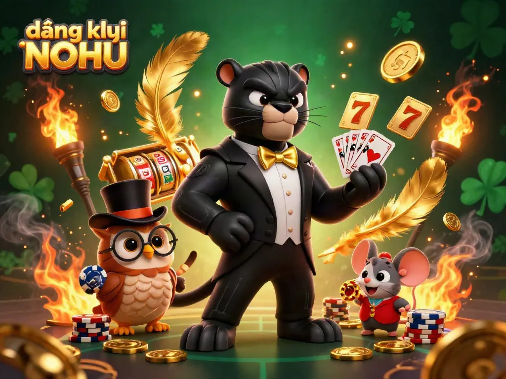 Engage in thrilling casino action with đăng ký NOHU, featuring a black panther dealer and vibrant game elements.