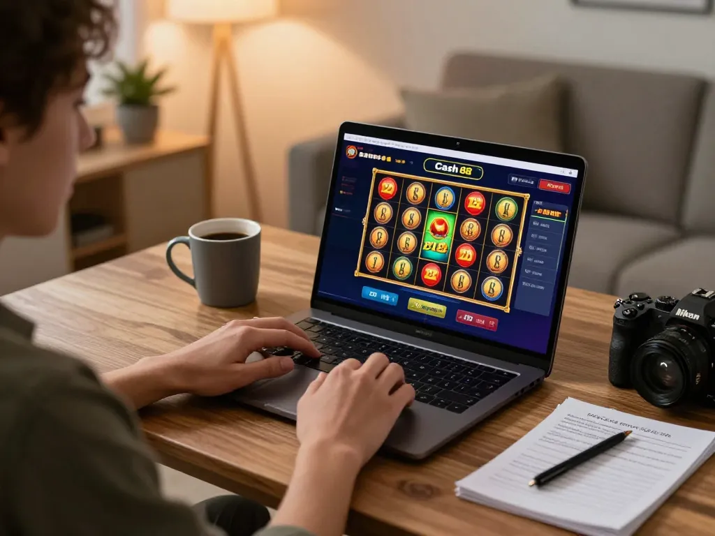 Engaging in IDCASH88 Login for thrilling slot gameplay on a modern laptop at home.