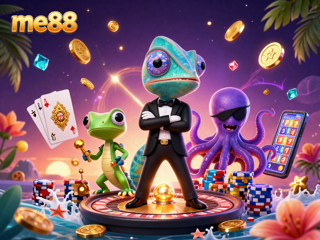 Experience thrilling gaming at me88 with vibrant characters in a 3D casino environment.