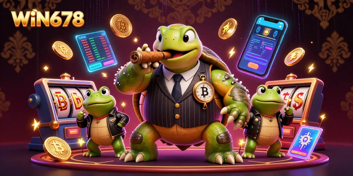 WIN678 captures the excitement of online gambling with a cartoon turtle in a casino scene.