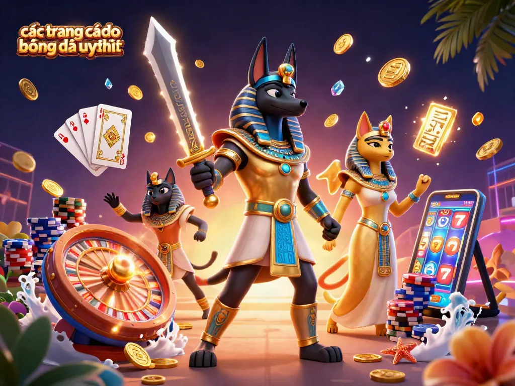 Các trang cá độ bóng đá uy tín với hình ảnh mô phỏng chiến binh Anubis và cat Bastet trong không gian đầy ngẫu hứng.