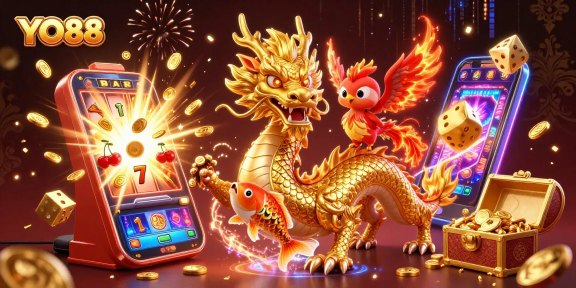 Experience exciting gaming with YO88 featuring a golden dragon, phoenix, and coins from a slot machine.