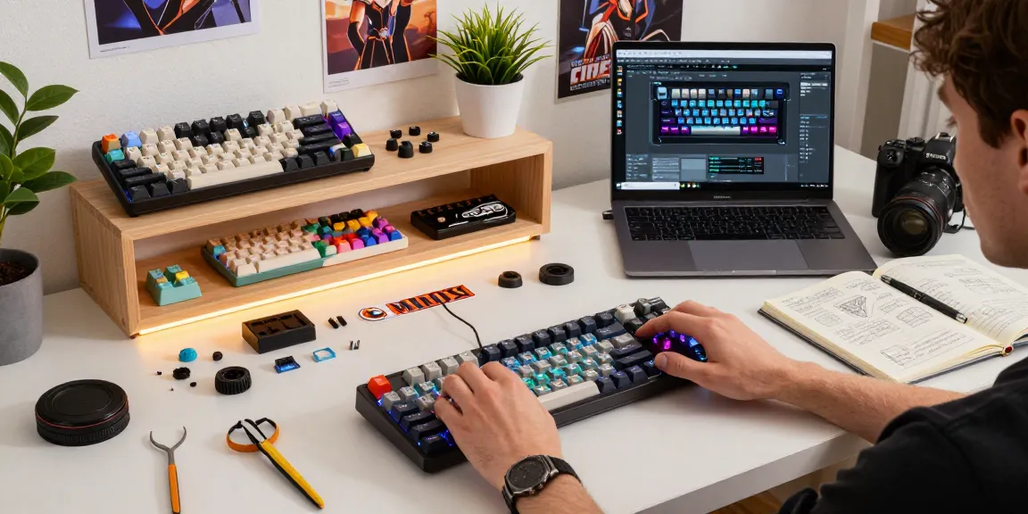 MCHOSE Ace 68 customization at a modern desk, showcasing colorful keycaps and switches in an inviting tech workspace.