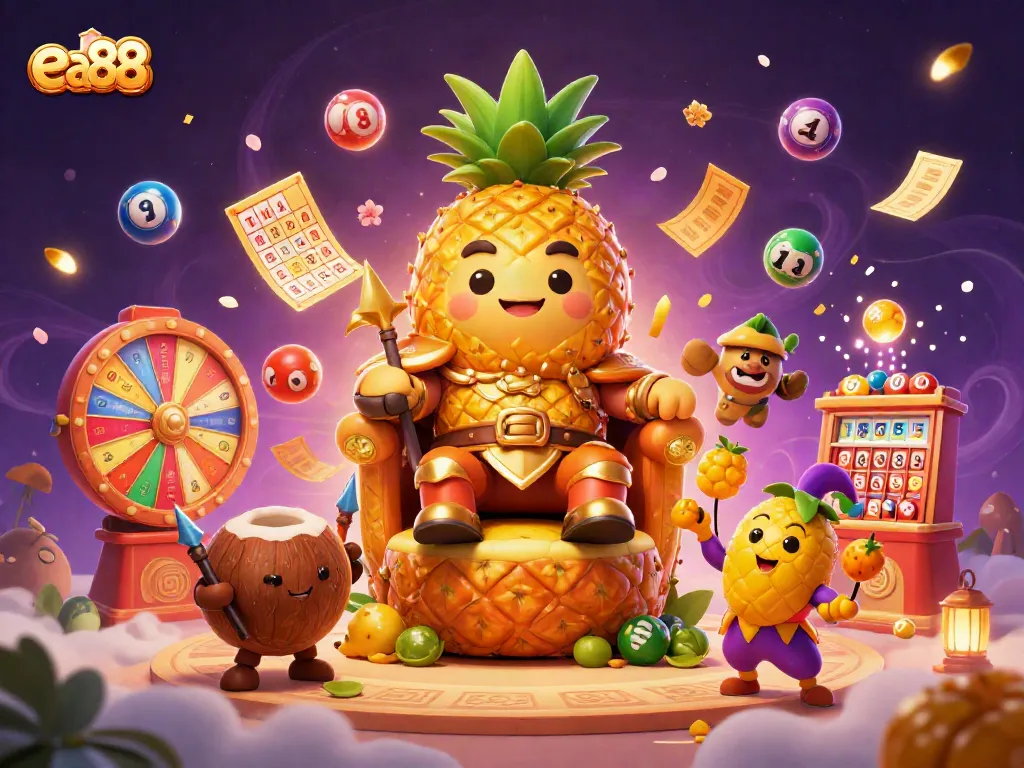 ea88 beach casino with a pineapple king, jester, and dynamic lottery elements.