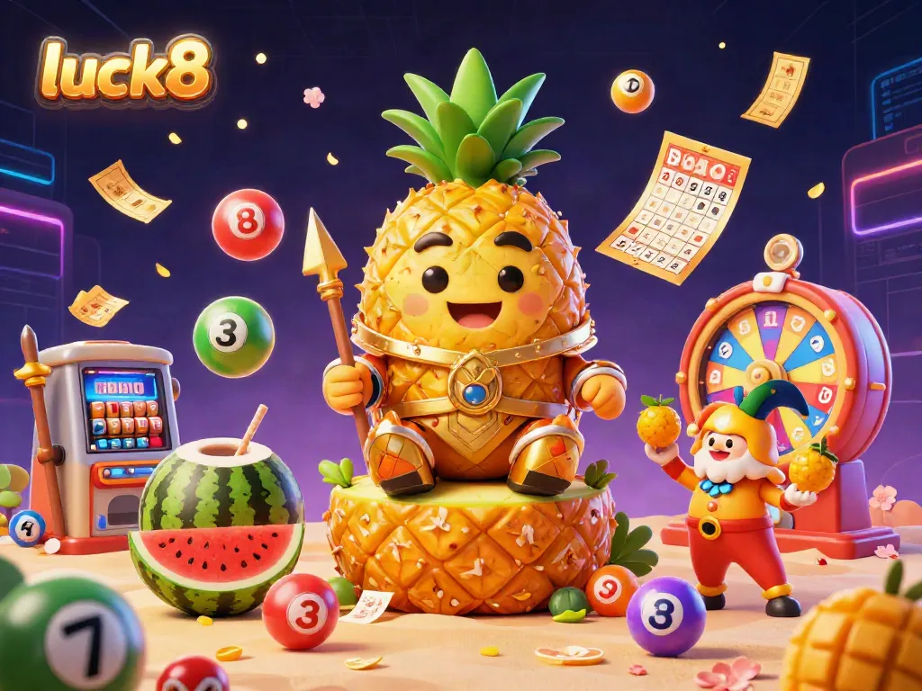 Experience the thrill of luck8 in a vibrant casino scene with a golden pineapple king, colorful lottery balls, and dynamic gaming elements.