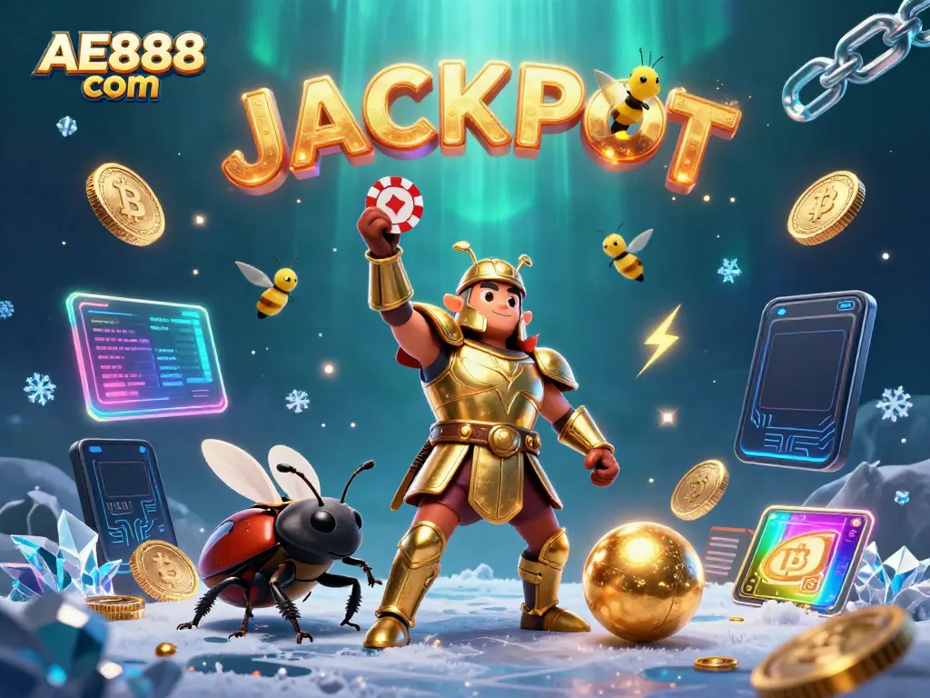 Experience the excitement of AE888 com with a vibrant 3D scene featuring a heroic beetle and dynamic gaming elements.