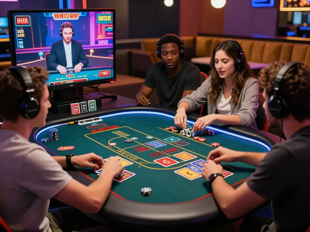 Exciting gaming experience at RR88 with players immersed in Baccarat, showcasing vibrant atmosphere and virtual dealer.