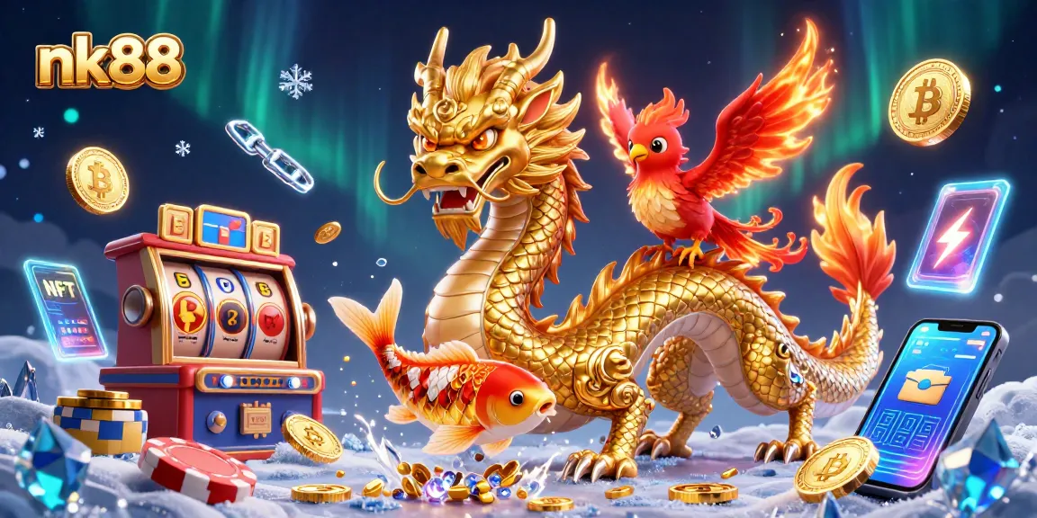 Engage in thrilling nk88 casino action with a dragon, phoenix, and koi fish amidst glowing crypto coins.
