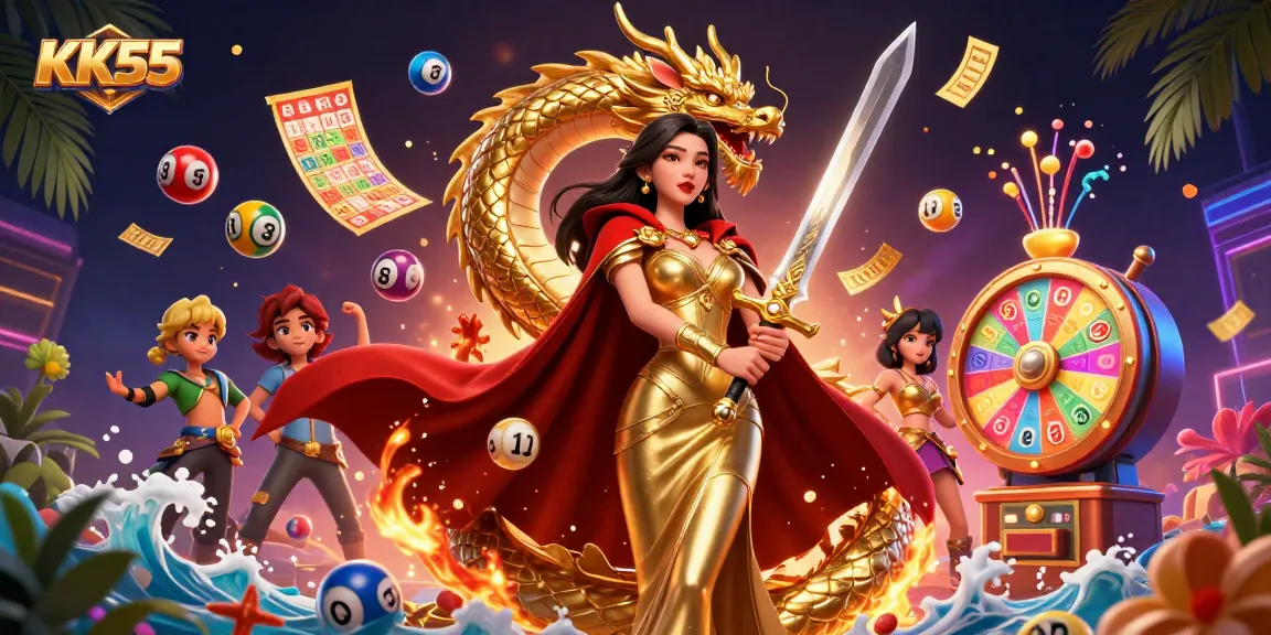 Play thrilling games at KK55 with vibrant lottery elements and a warrior queen guardian.