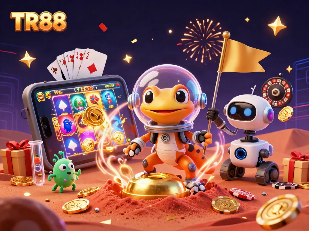 Spin to win with TR88 in a vibrant casino adventure featuring a Martian gecko!