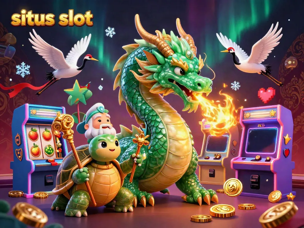 Experience the magic of situs slot with a vibrant scene of a jade dragon and wise turtle amidst spinning slot reels.
