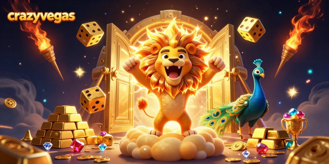 Experience the thrill of gambling at crazyvegas with a stunning golden lion and vibrant treasure elements exploding in energy.