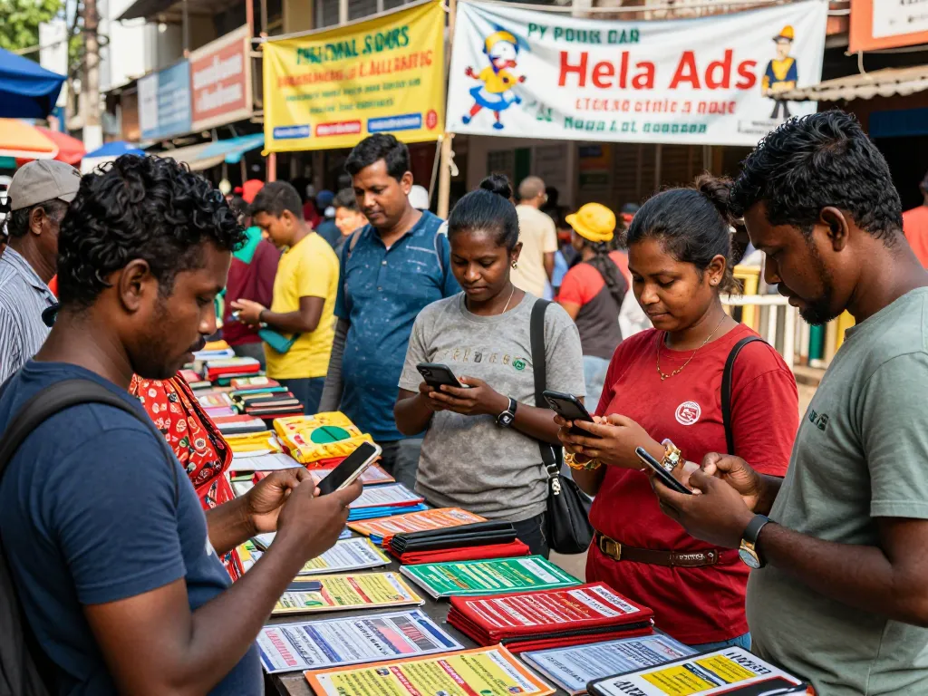 Engaging urban marketplace with Hela Ads prominently featured, showcasing community interactions and vibrant culture.