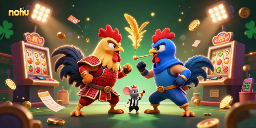 Engage with a thrilling nohu-themed casino scene showcasing fighting roosters and slot machines.