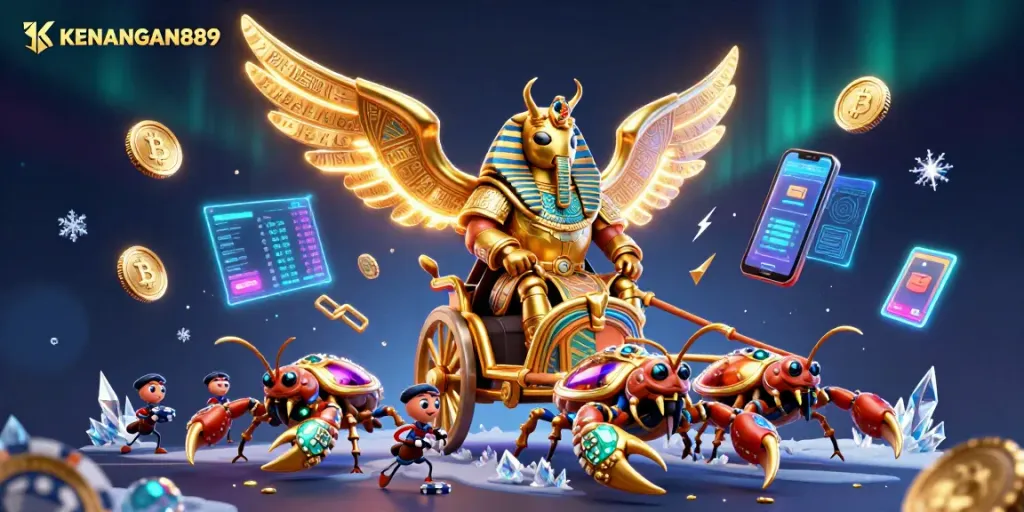 Engage with KENANGAN889's vibrant 3D casino scene featuring dynamic characters and crypto elements.