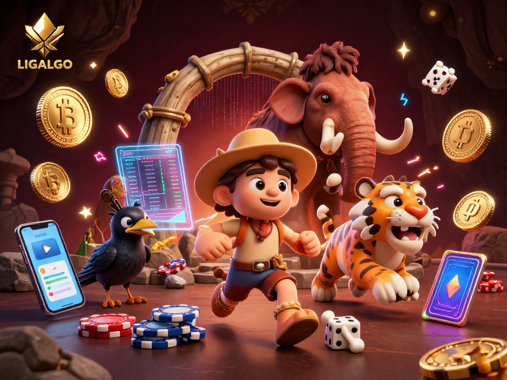 LIGALGO's thrilling prehistoric casino scene features a caveman and sabertooth tiger managing games with Bitcoin elements.