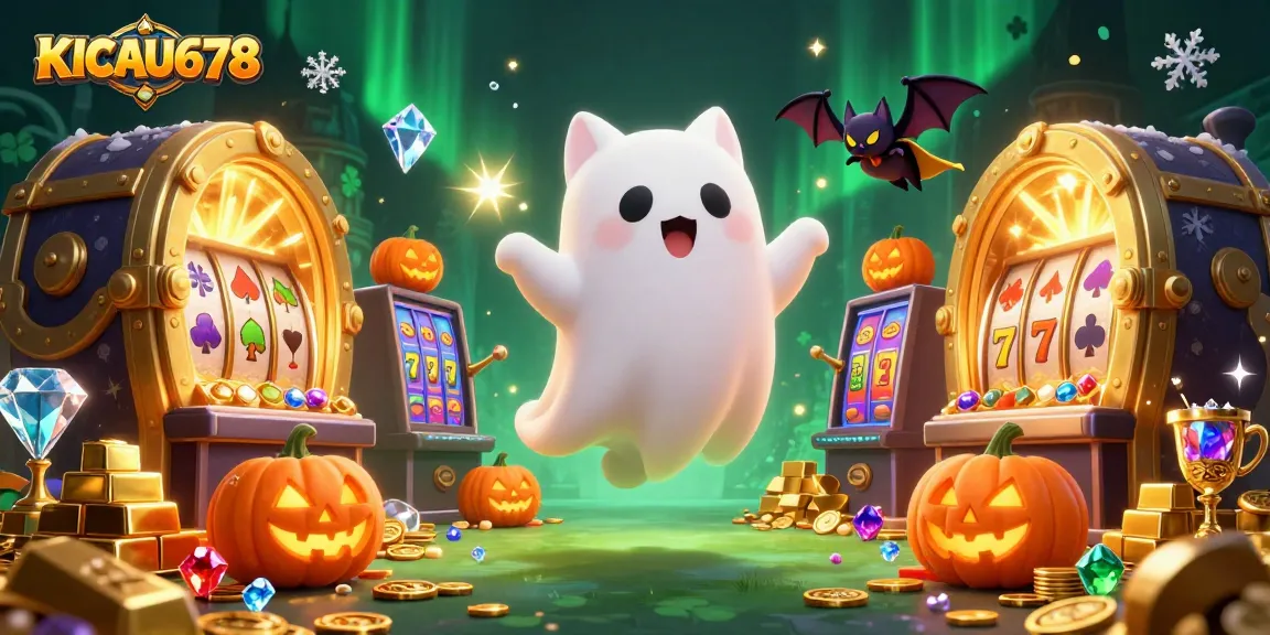 KICAU678's lively ghost cat navigates a haunted casino, revealing treasures amidst glowing slot machines.