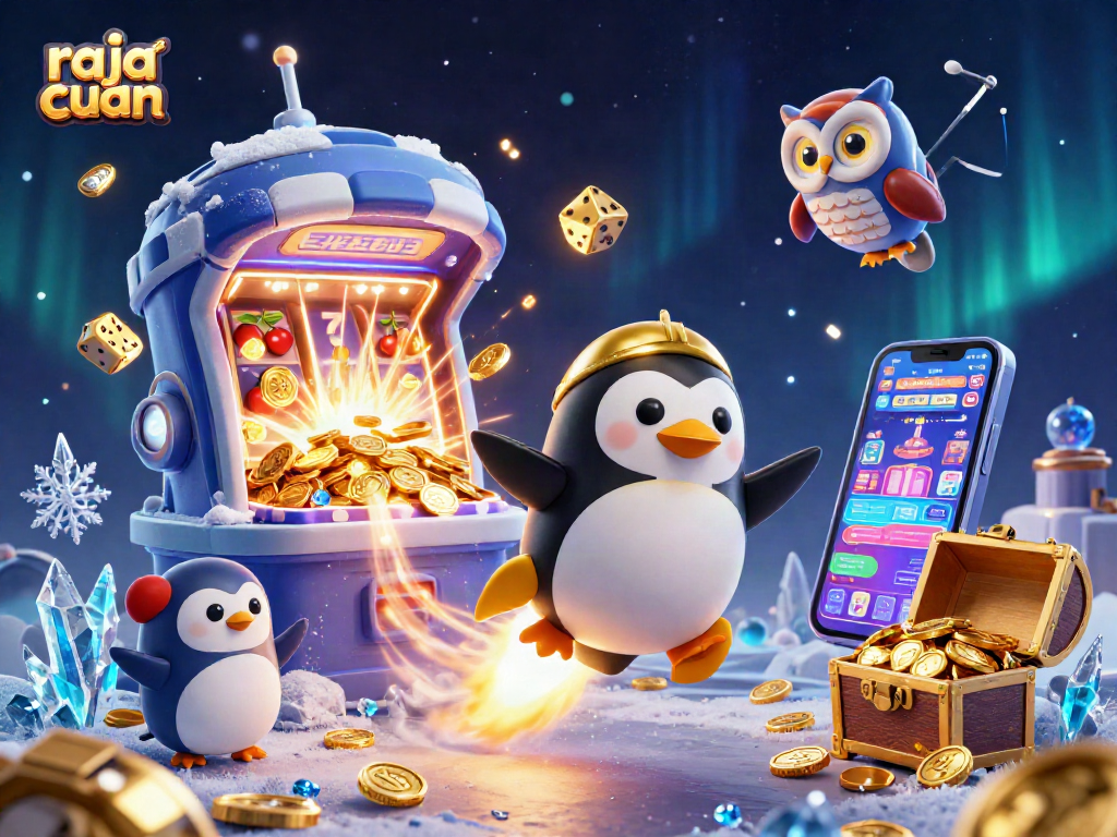 Engage with raja cuan as the golden penguin aims for big wins with exhilarating slot machine action.
