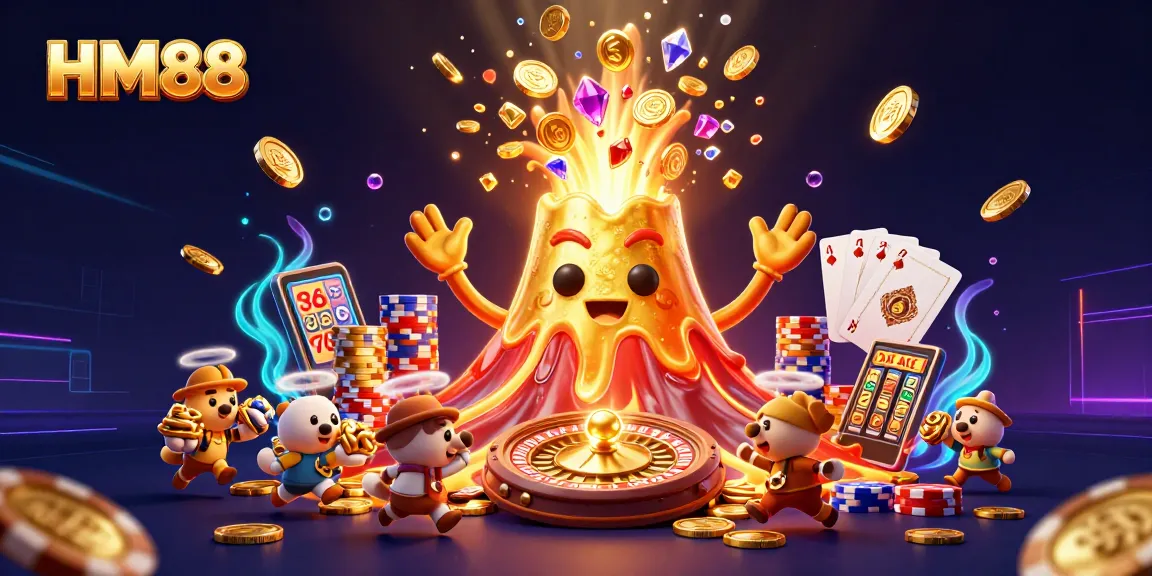 Join the action at HM88 with a vibrant explosion of coins and treasures emerging from a jubilant volcano.