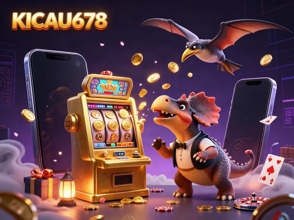 KICAU678 enhances player excitement with a 3D casino scene featuring a dinosaur and a jackpot.
