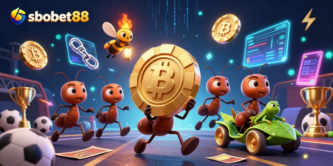 Experience sbobet88 with a thrilling sports heist featuring golden chips and vibrant casino elements.