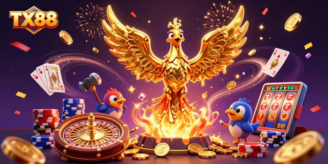 Engage with TX88's dynamic gaming scene featuring vibrant casino elements, golden rewards, and captivating characters.