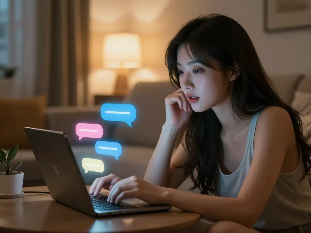Engaging in AI porn chat with a lifelike character in a cozy, high-tech environment