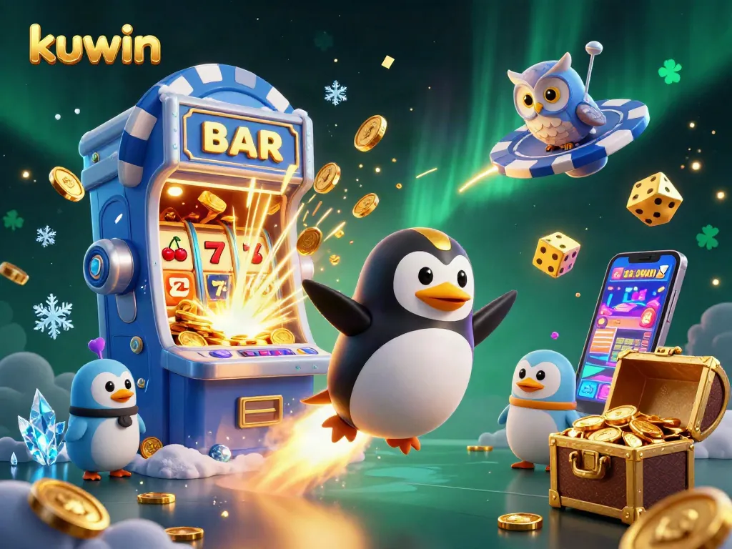 Kuwin offers thrilling casino action with a golden penguin and jackpot excitement in a vibrant gaming scene.