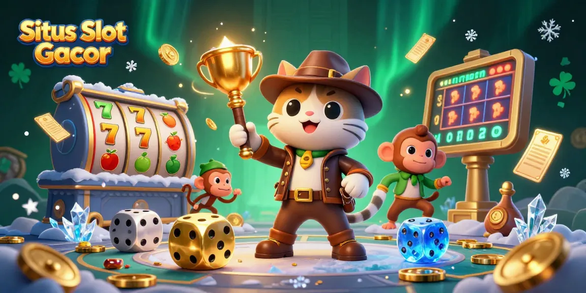 Situs Slot Gacor showcases a dynamic 3D scene with an archaeologist cat and monkey amidst slot reels and gold coins.