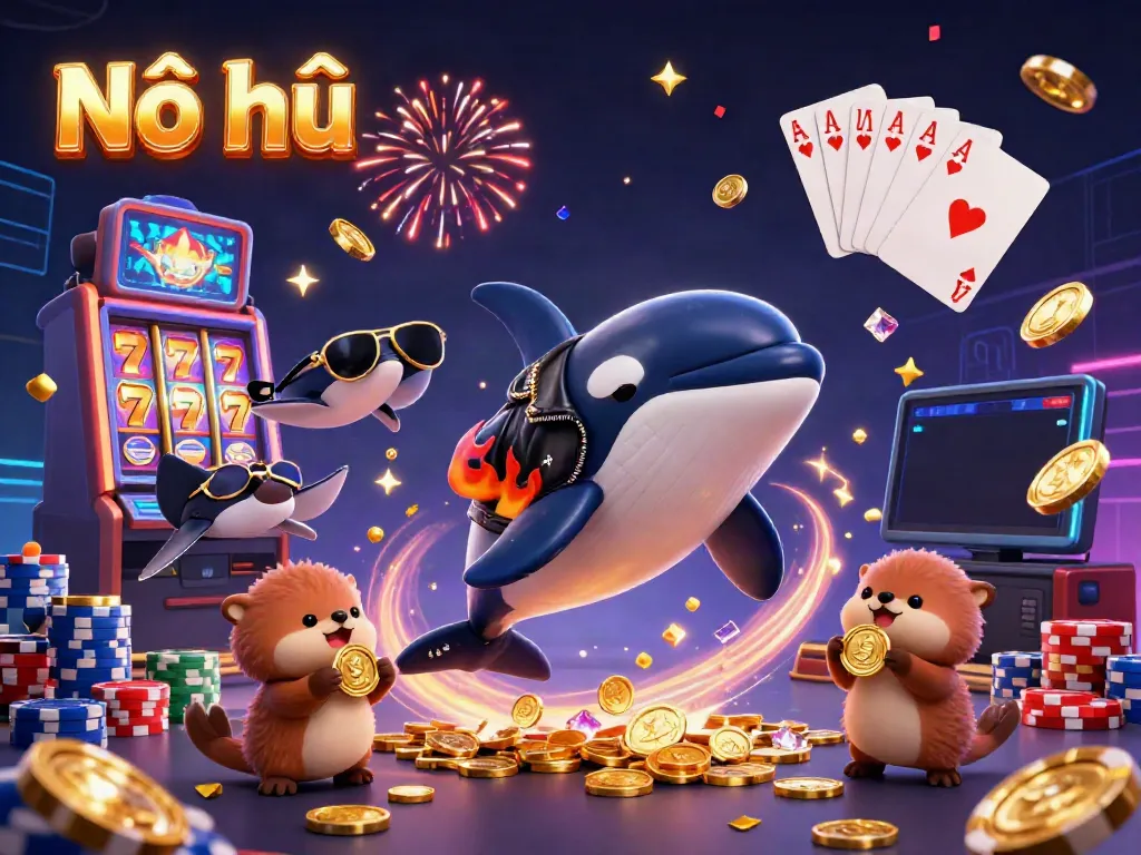 Nổ hũ slot arena featuring orca in a leather jacket and otters with coins, amidst dynamic casino elements.