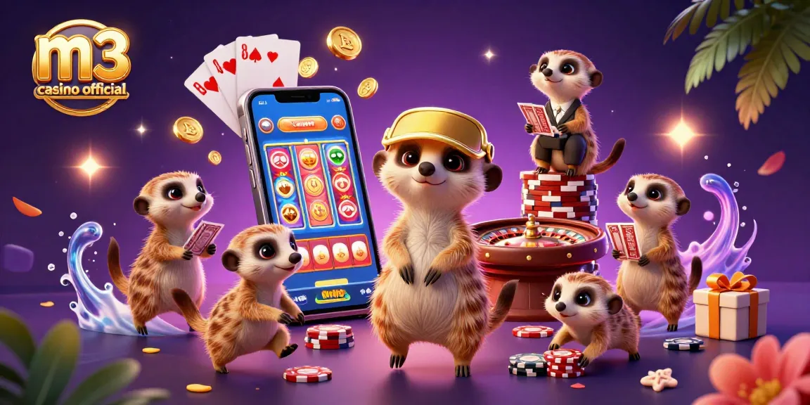 M3 casino official showcases a vibrant scene with animated meerkats running a casino, immersing players in a unique gambling experience.