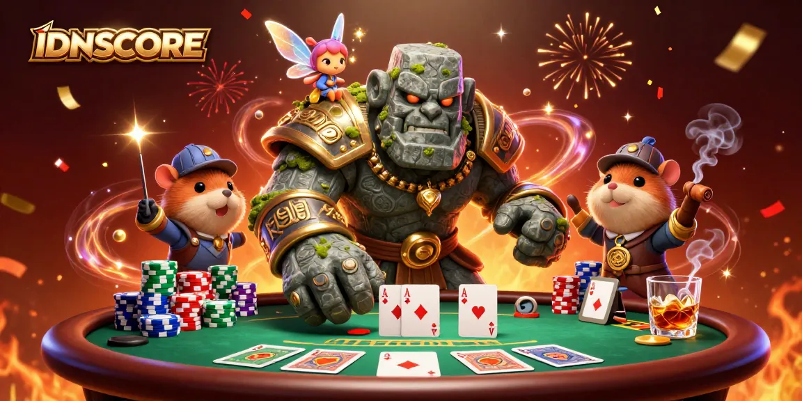 IDNSCORE players winning at an exciting poker table with magical companions