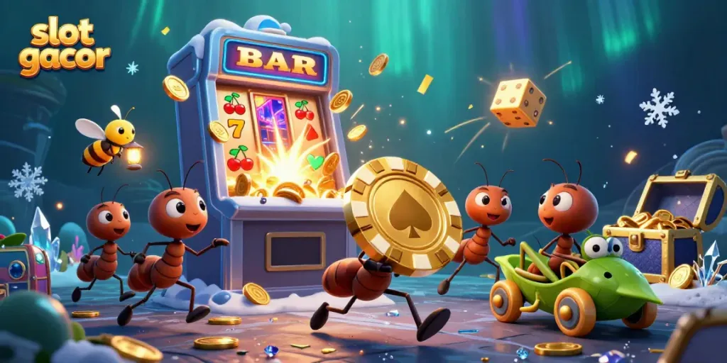 Experience the excitement of slot gacor with playful ants in a dynamic heist scene!