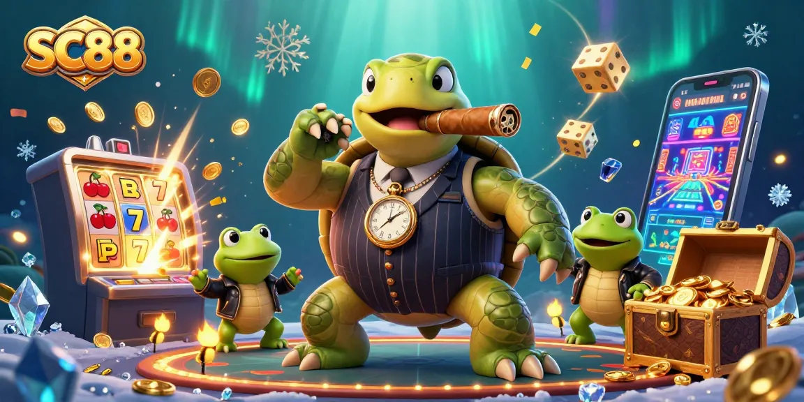 Experience SC88's exhilarating gambling scene with cartoon turtle mobster and exciting slot machine action.