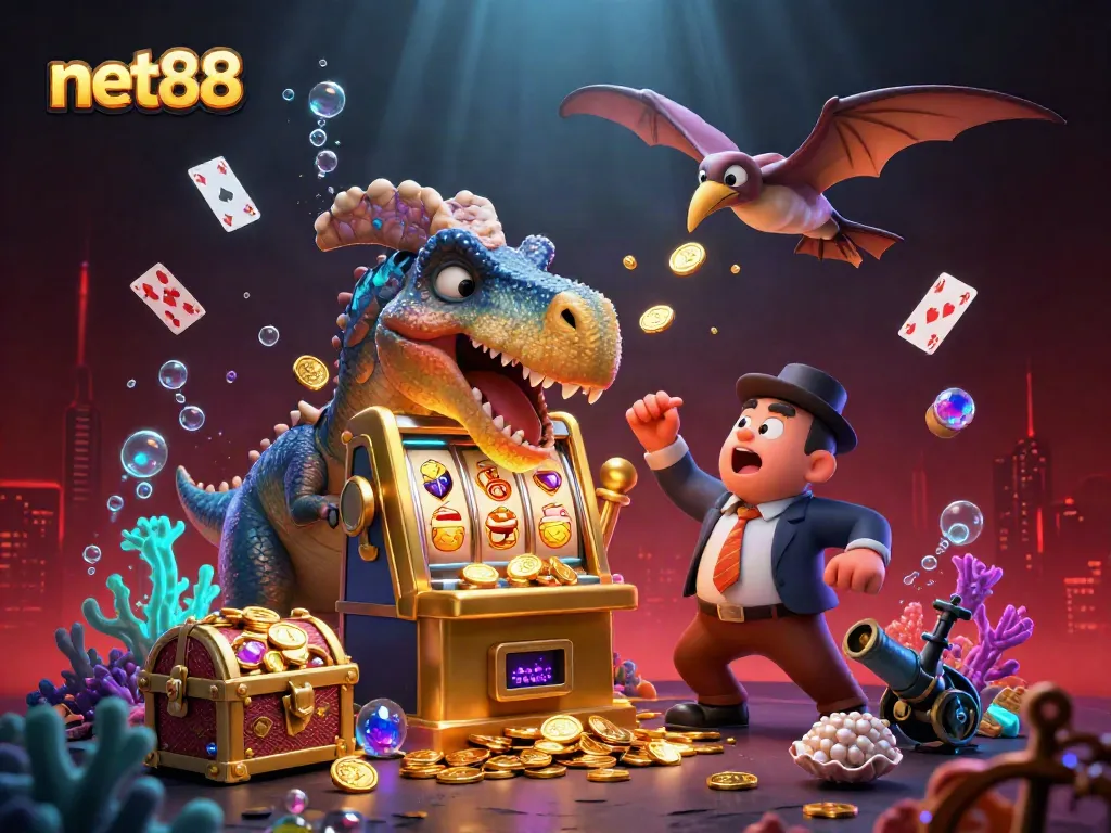 Players engage with net88 as a cartoon dinosaur activates a slot machine amid a wealth of treasures.