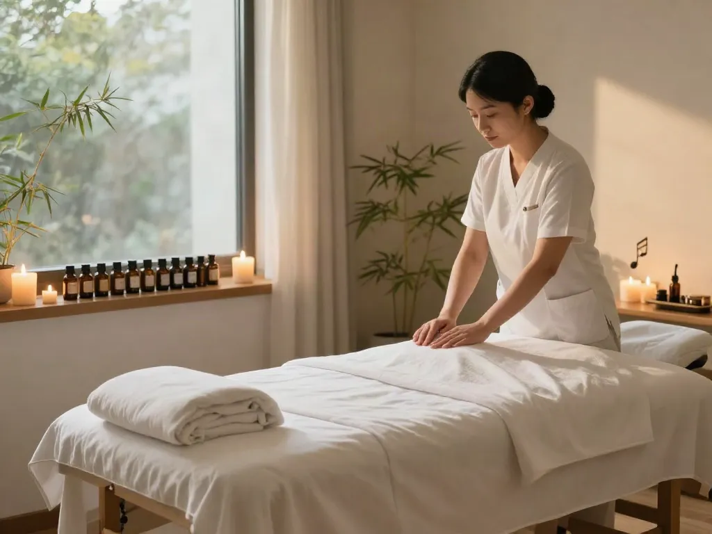 Serene massage therapy room setup for 금천구출장안마, featuring a massage table and essential oils.