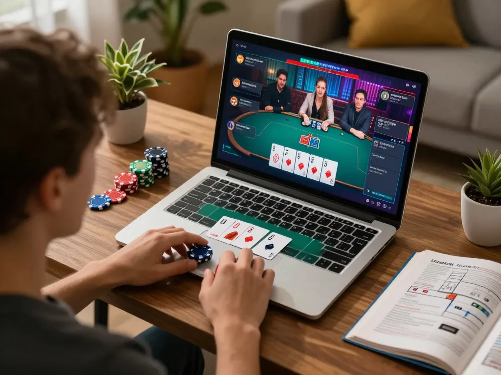 Engaging online poker gameplay at home with RR99 interface and colorful chips in view.