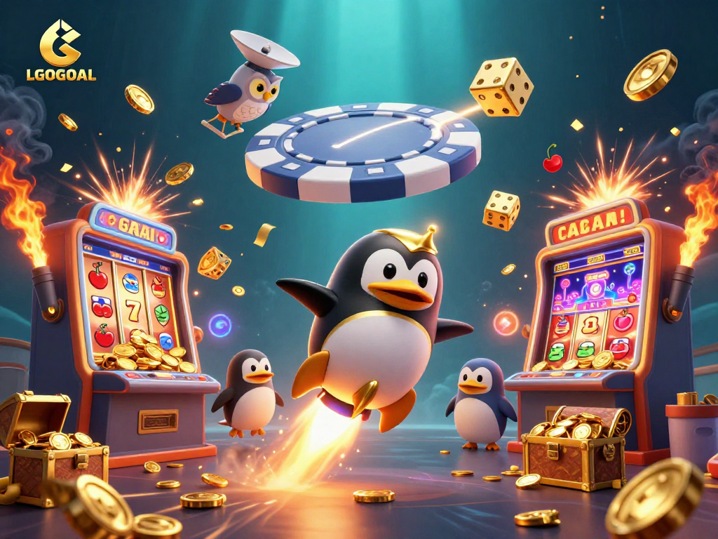 Experience thrilling jackpots at LGOGOAL with a golden penguin racing towards a vibrant casino.
