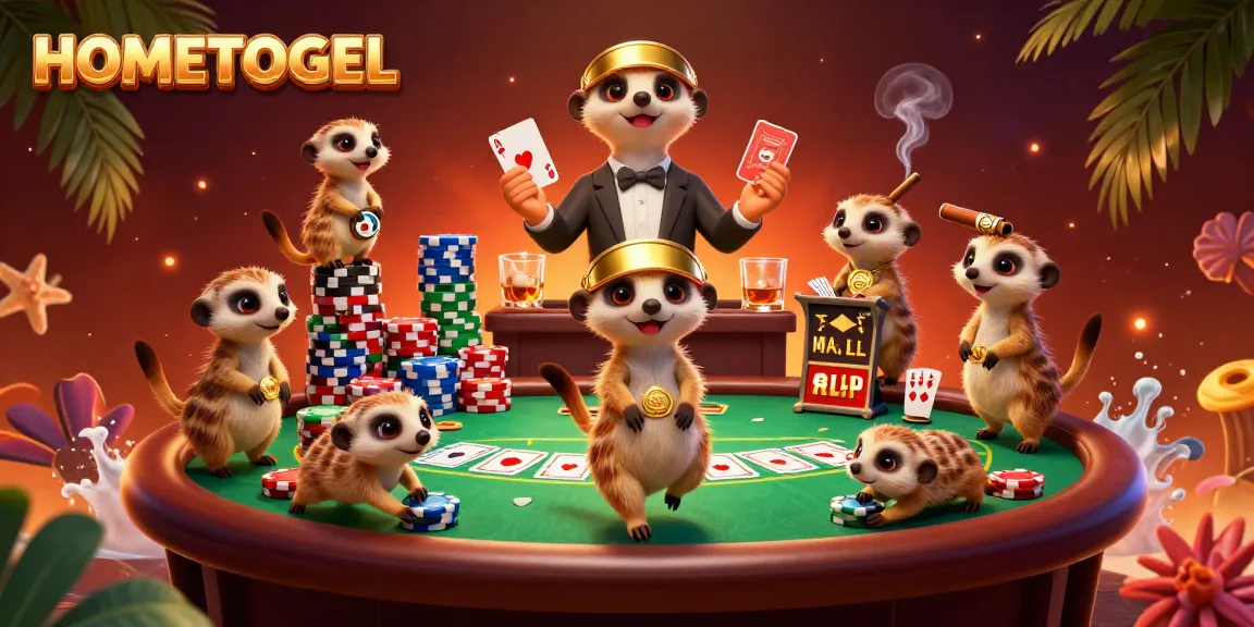 Engage in exciting casino action at HOMETOGEL with meerkats managing dynamic poker games amid colorful chips and flares.
