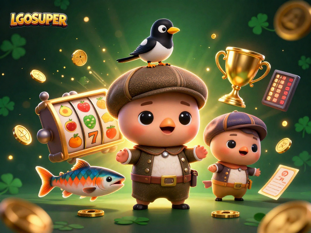 Experience the thrill of LGOSUPER with vibrant 3D elements of slots and playful characters in a colorful casino scene.
