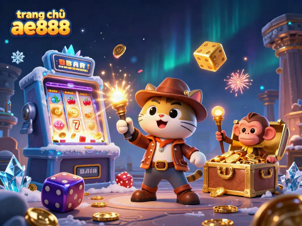 Experience excitement on trang chủ ae888 with a vibrant 3D scene of lucky slots and treasure.
