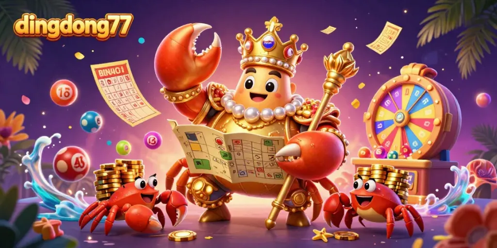 Engage in fun gaming at dingdong77 with a golden crab emperor amidst vibrant lottery elements.