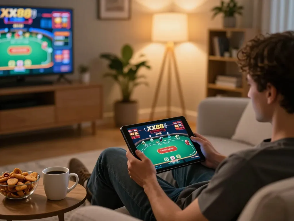 Playing poker at xx88 on a tablet in a cozy home setting with snacks and warm lighting